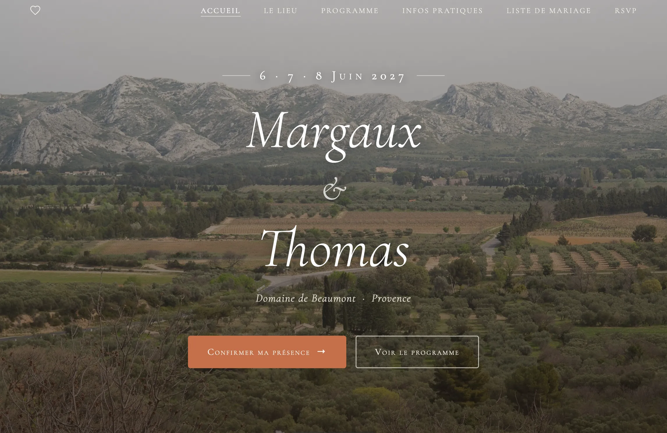 Aperçu du site de mariage de Margaux & Thomas, Domaine de Beaumont, Provence
