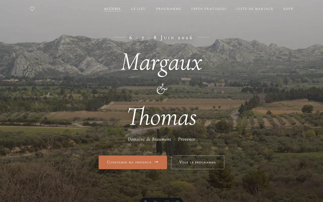 Aperçu du site de mariage de démonstration, Margaux et Thomas, au Domaine de Beaumont en Provence